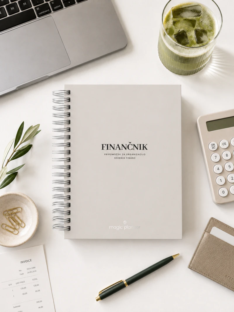 Finančni planer Finančnik s svetlo platnico na mizi z računalom in prenosnikom