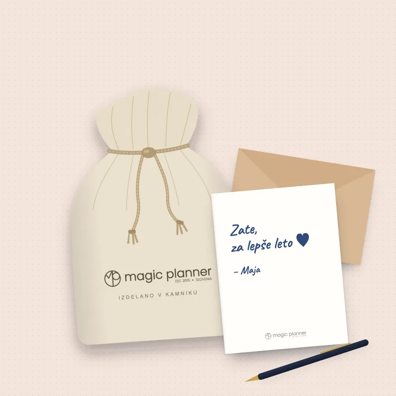 Bombažna vrečka na vrvico z logotipom Magic Planner in voščilnica s kuverto