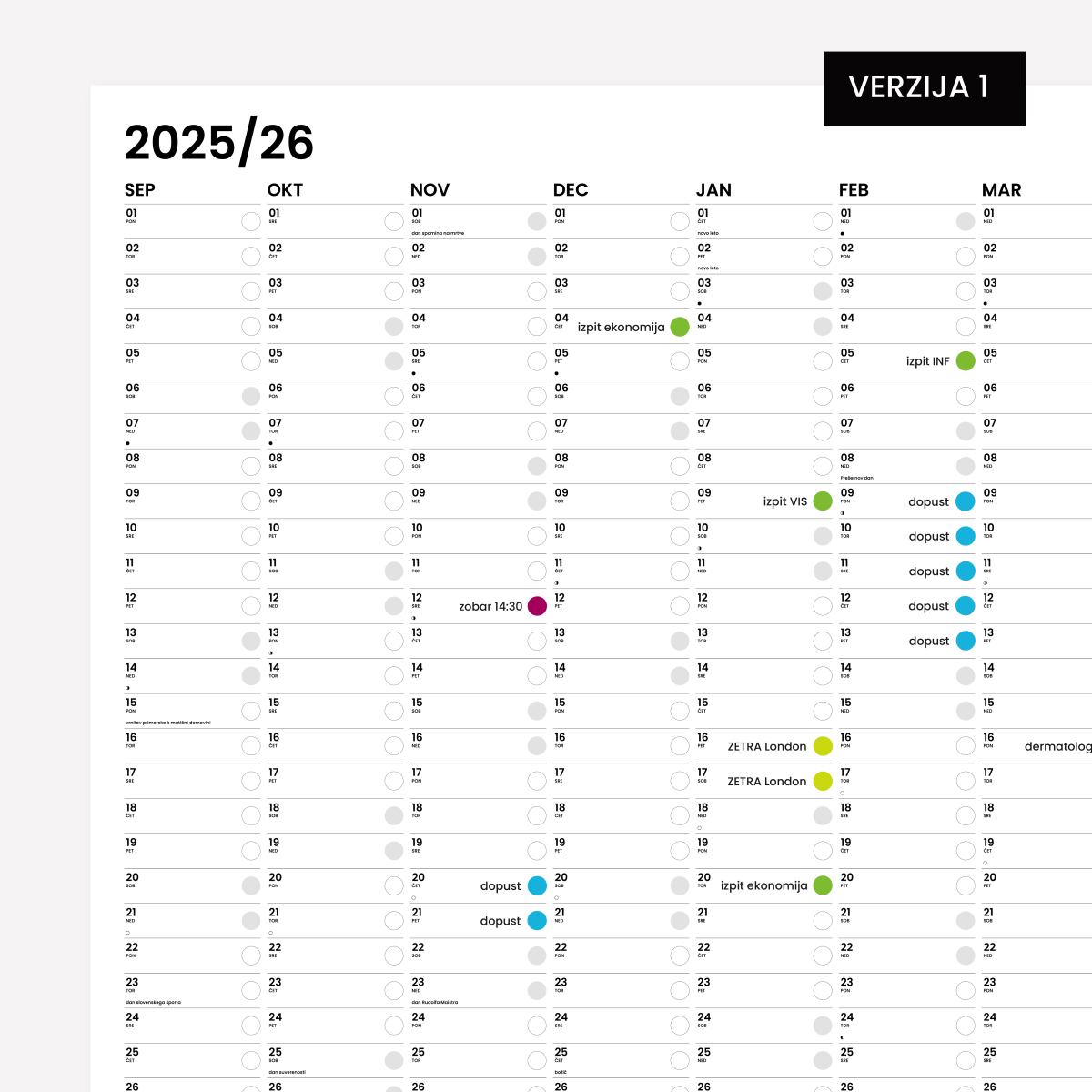 XXL stenski koledar, verzija 1, meseci v stolpcih z vpisanimi dogodki