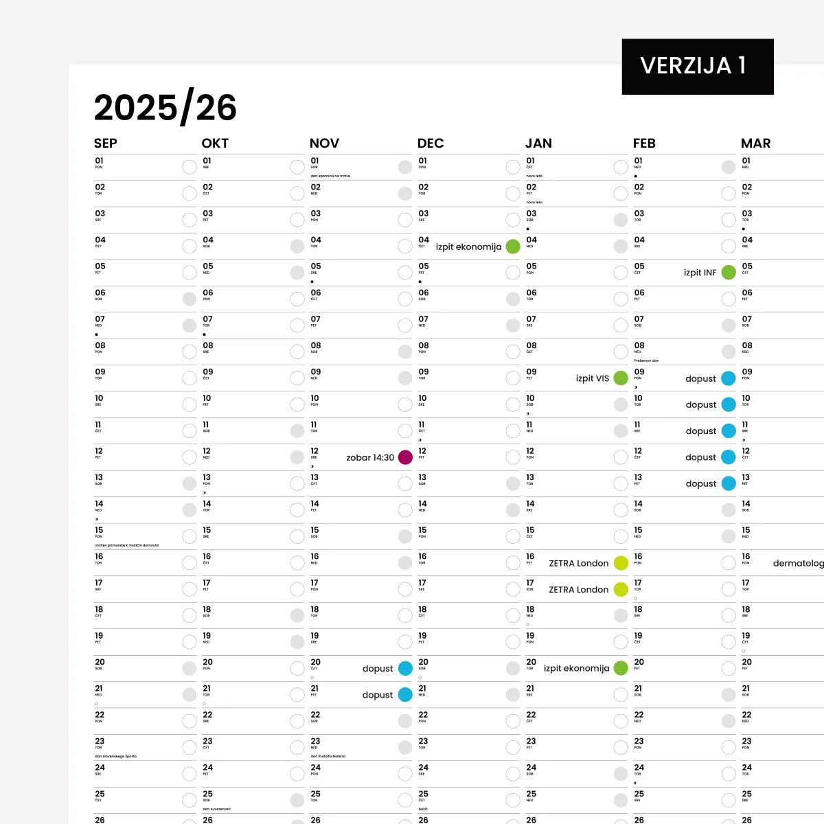 XXL stenski koledar, verzija 1, meseci v stolpcih z vpisanimi dogodki