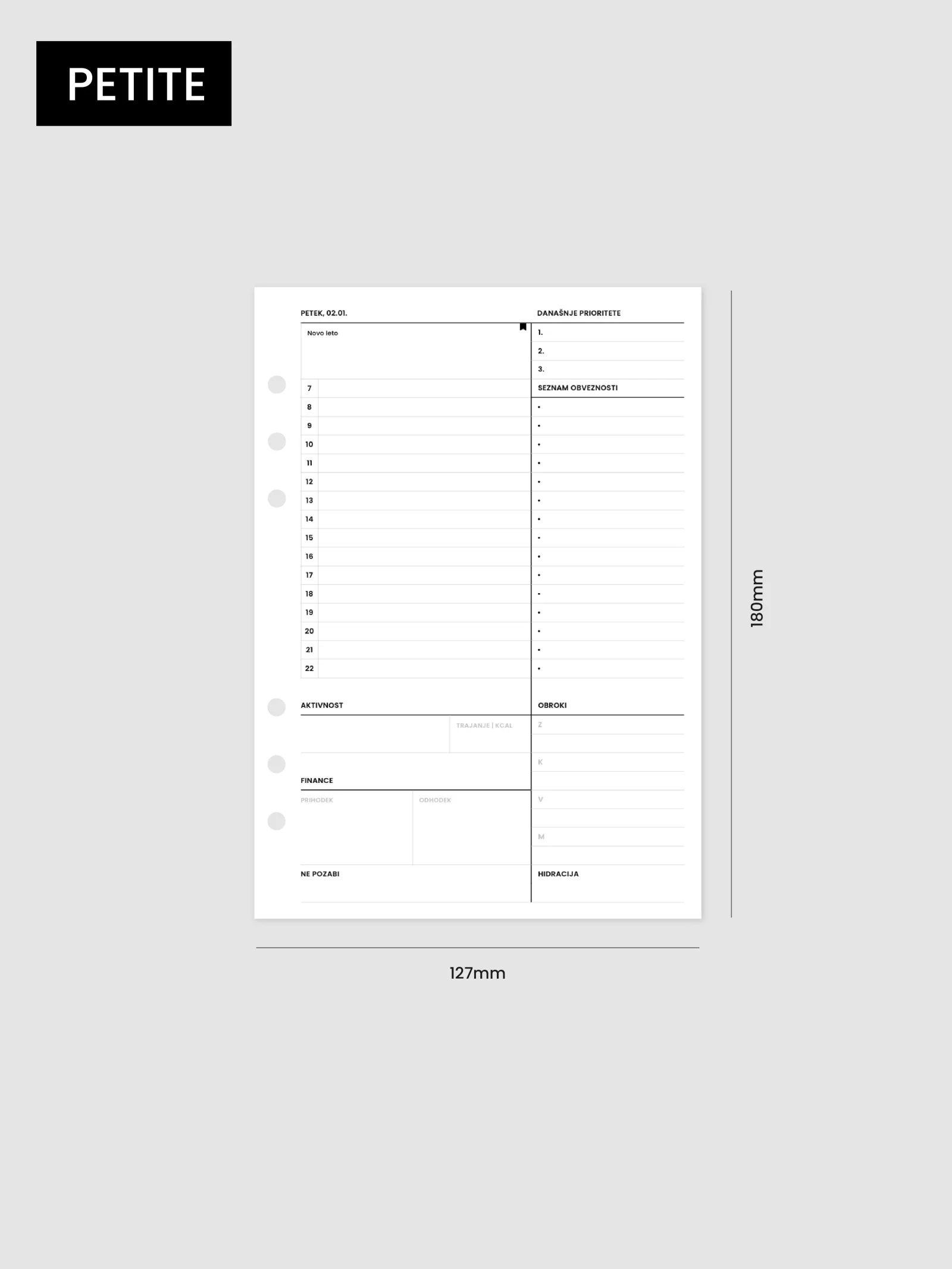 Dnevna stran planerja v velikosti Petite, 127 × 180 mm