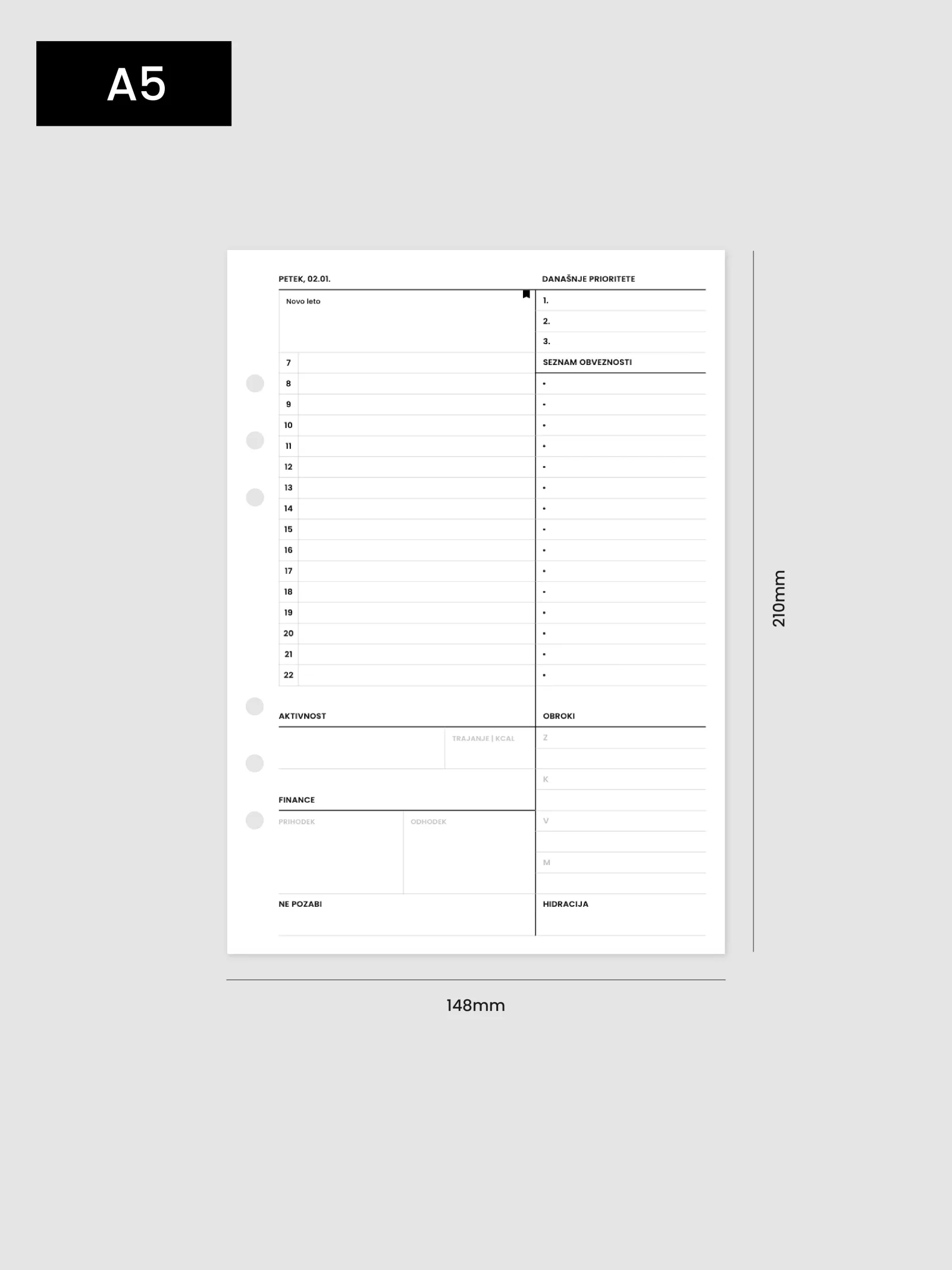 Dnevna stran planerja v velikosti A5, 148 × 210 mm