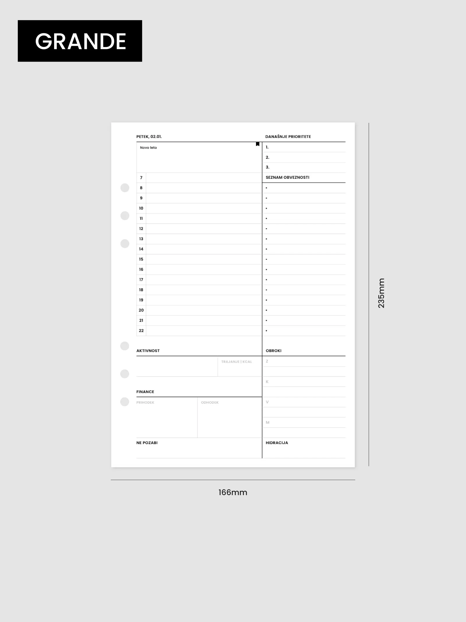 Dnevna stran planerja v velikosti Grande, 170 × 240 mm