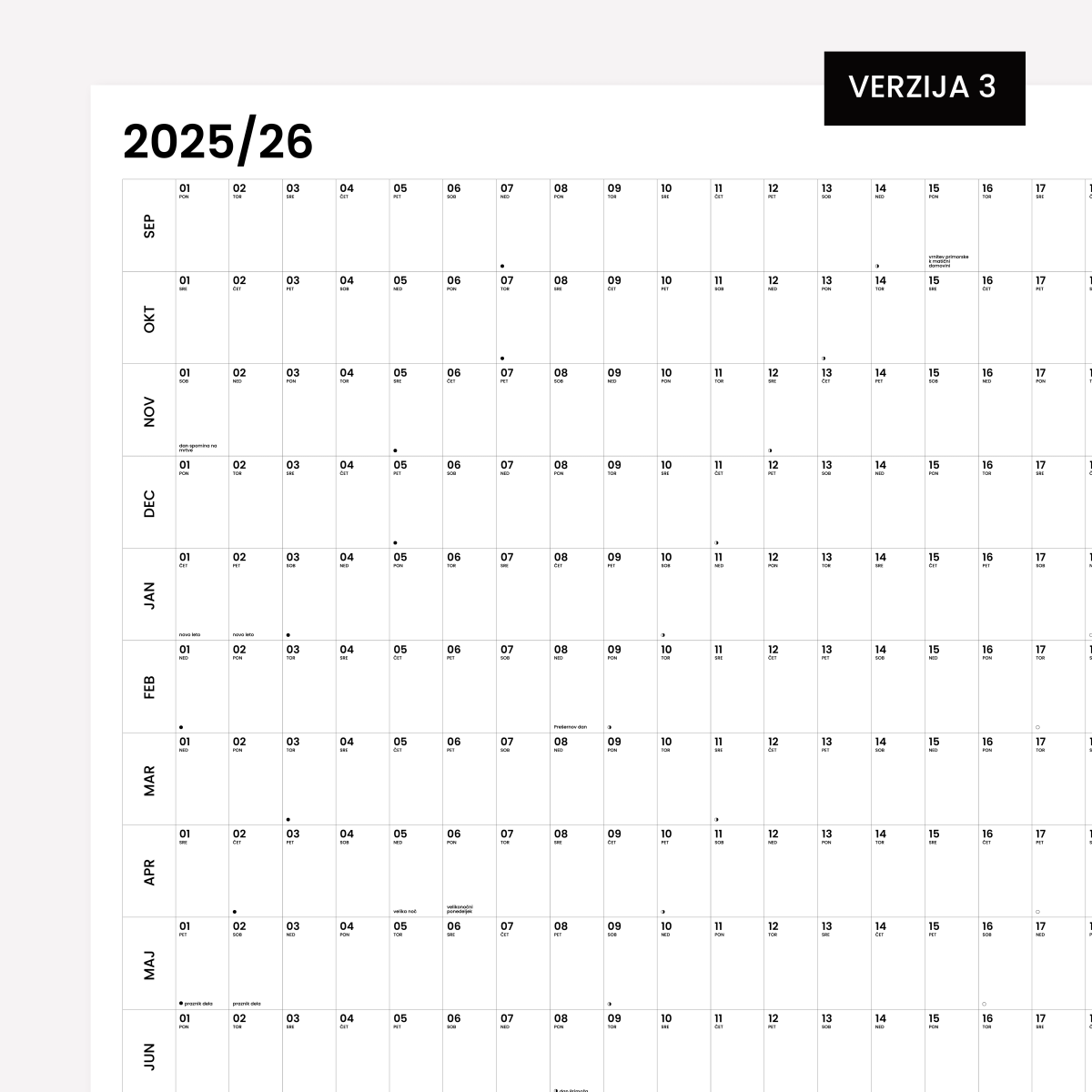 XXL stenski koledar, verzija 3, meseci v vrsticah in dnevi v stolpcih