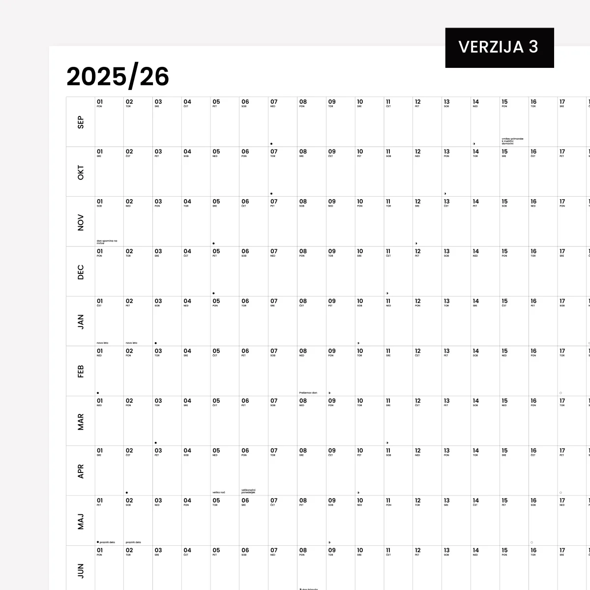 XXL stenski koledar, verzija 3, meseci v vrsticah in dnevi v stolpcih