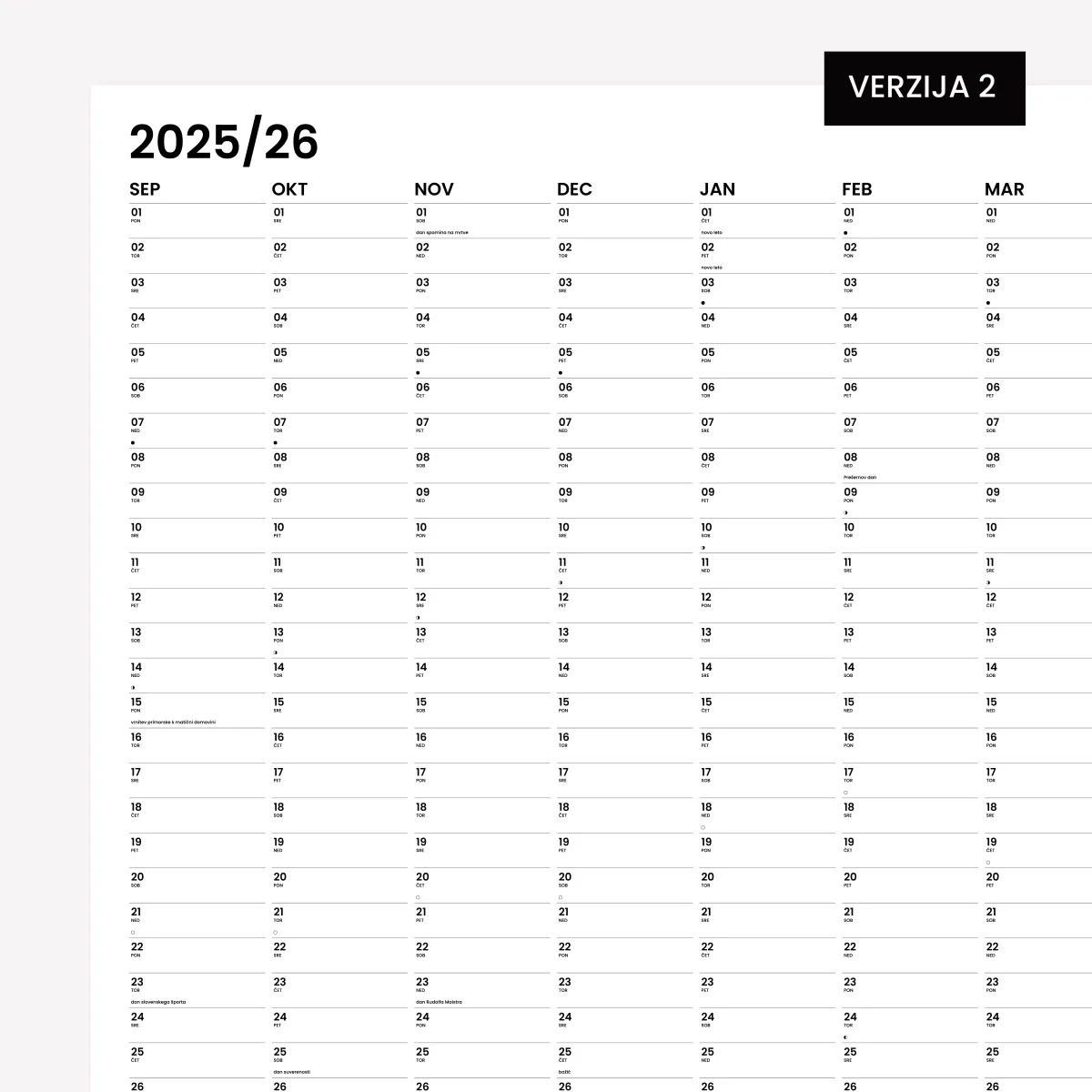 XXL stenski koledar, verzija 2, meseci v stolpcih s črtami za vpis