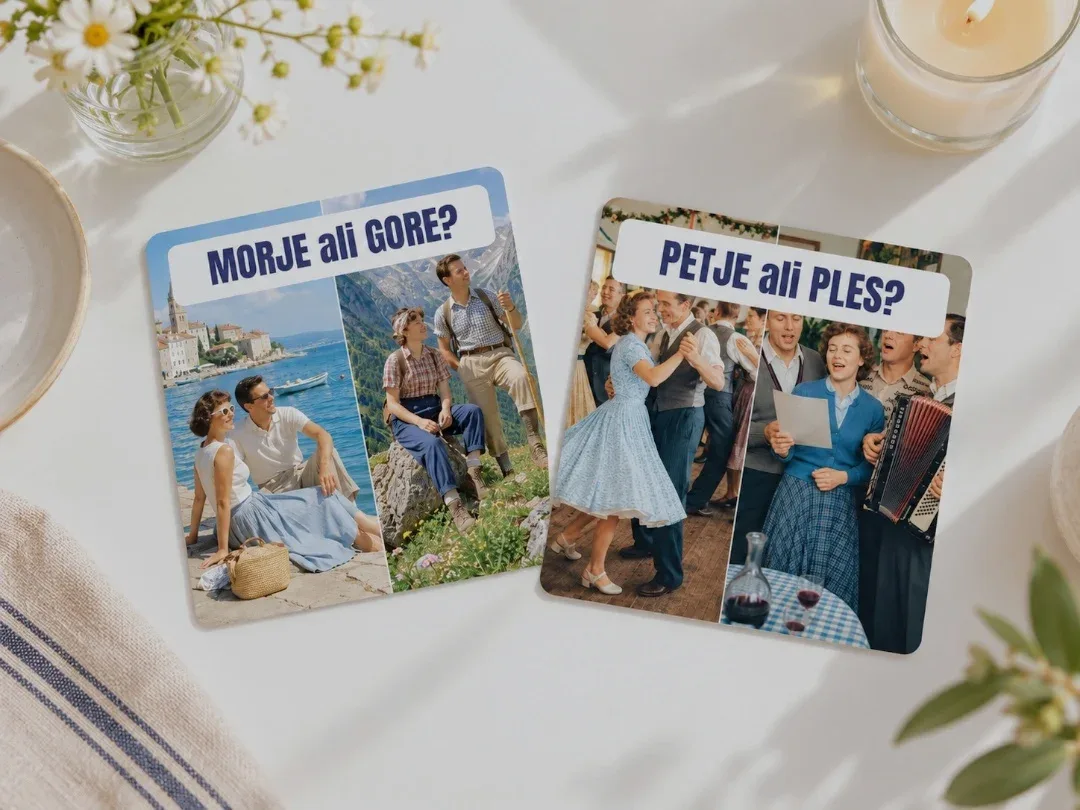 Kartici Morje ali gore? in Petje ali ples? s prizori iz preteklosti
